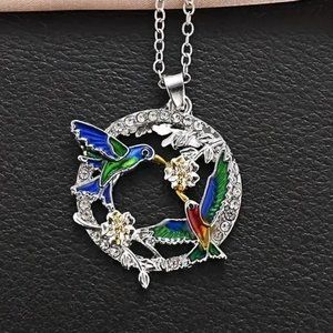 Two Birds Sharing a Flower Round Pendant Necklace